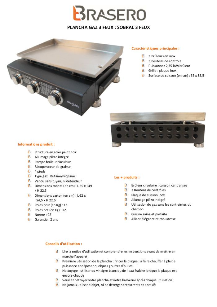 Brasero plancha 3 feux plaque inox 